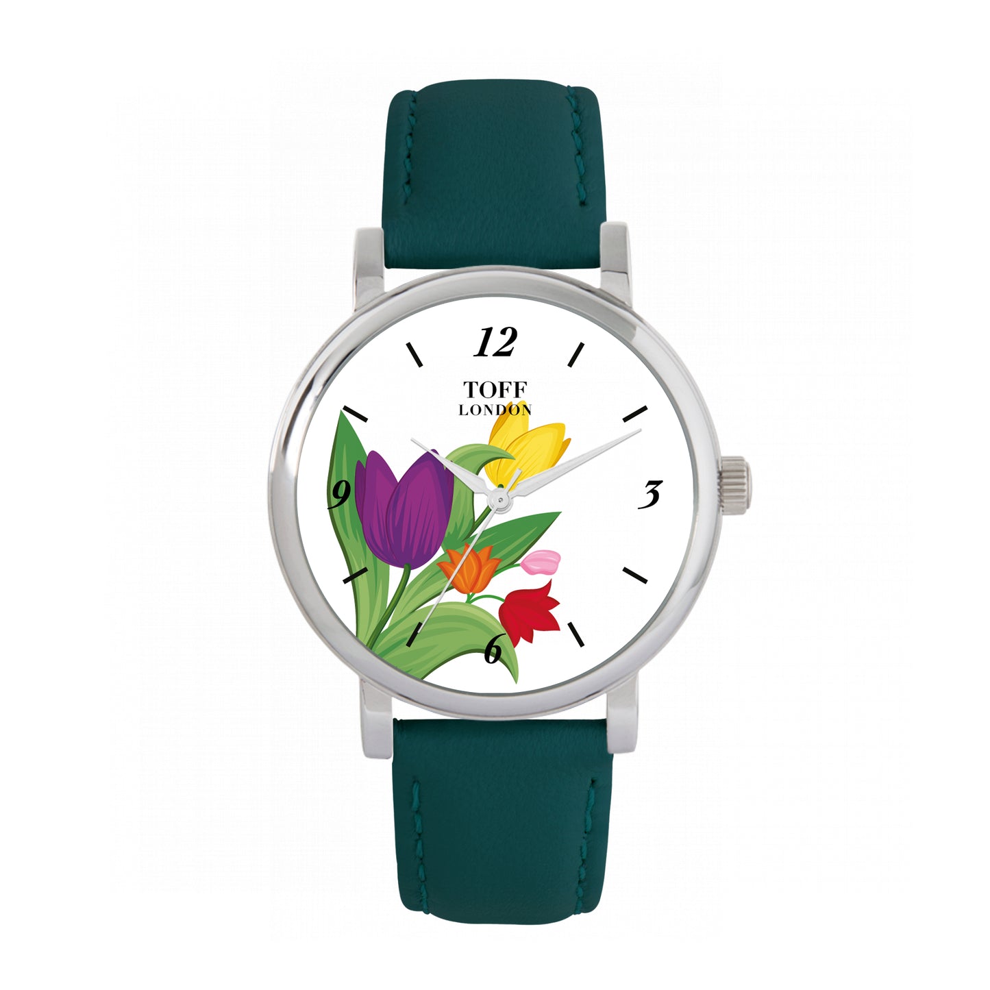 Toff London 38mm Multi Coloured Tulips Watch - Silver Case & Green Leather Strap