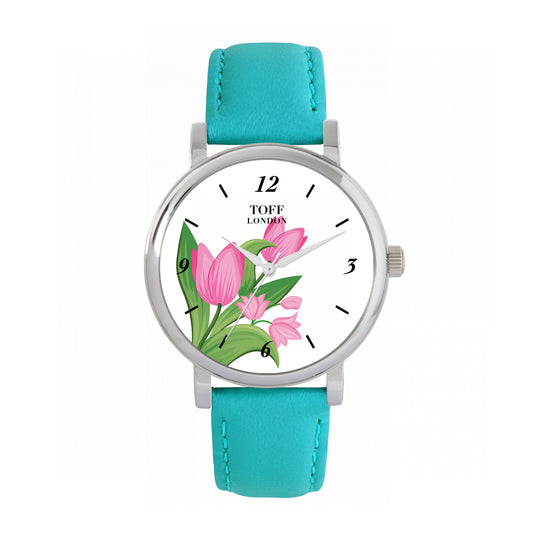 Toff London 38mm Pink Tulips Watch - Silver Case & Turquoise Leather Strap