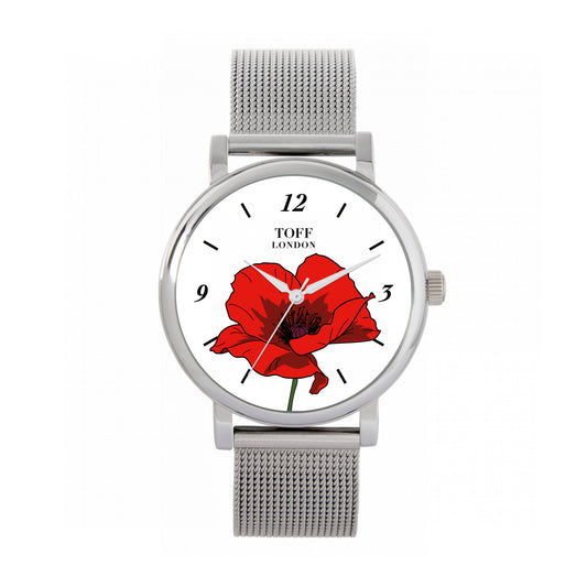 Toff London 38mm Remembrance Single Poppy Watch - Silver Case & Stainless Steel Strap