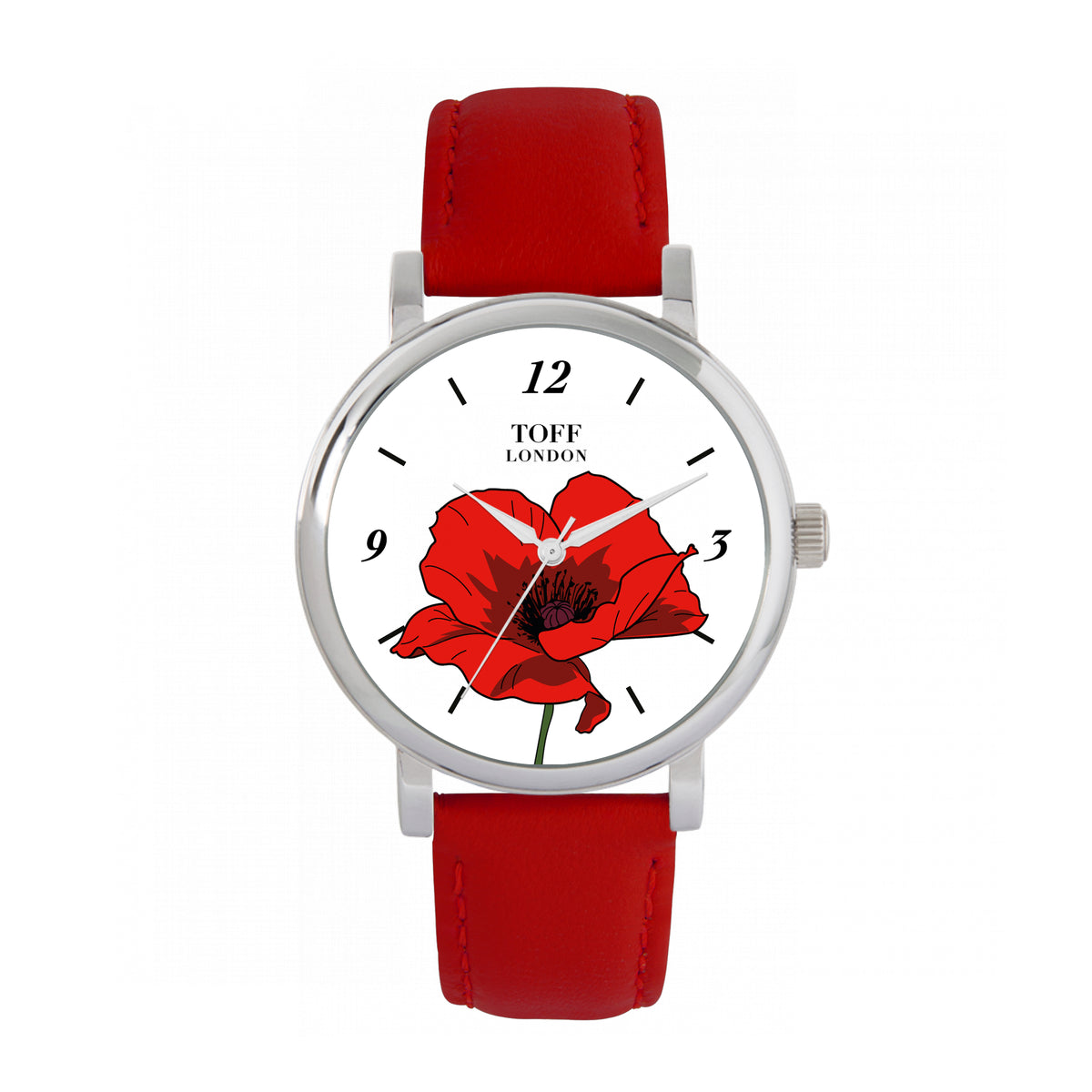 Toff London 38mm Remembrance Single Poppy Watch - Silver Case & Red Leather Strap