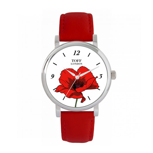 Toff London 38mm Remembrance Single Poppy Watch - Silver Case & Red Leather Strap
