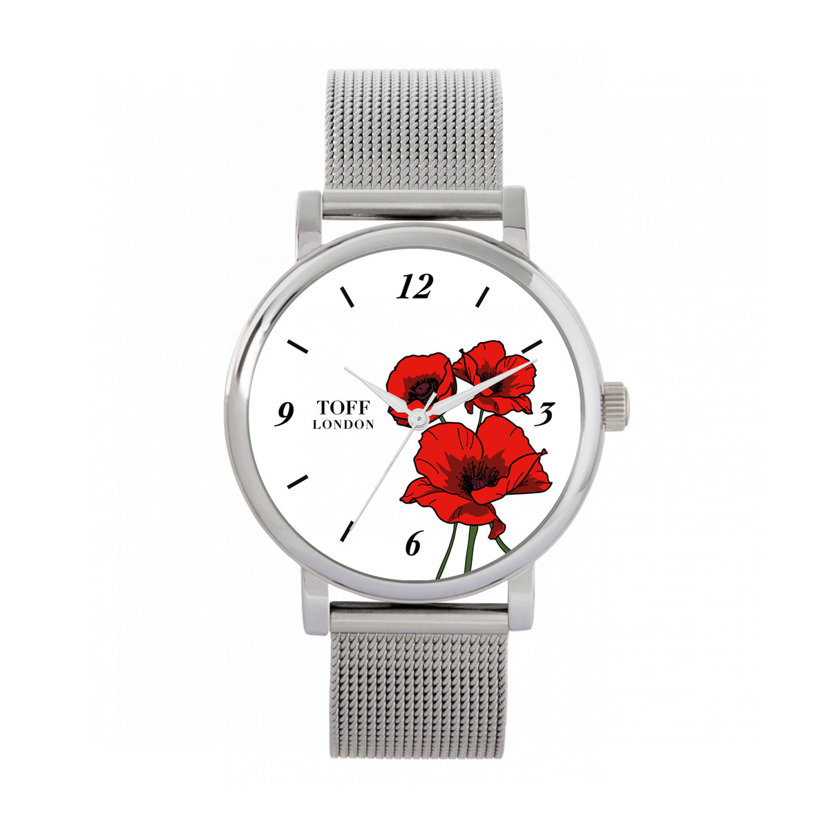 Toff London 38mm Remembrance Bunch Of Poppies Watch - Silver Case & Stainless Steel Strap