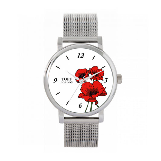 Toff London 38mm Remembrance Bunch Of Poppies Watch - Silver Case & Stainless Steel Strap