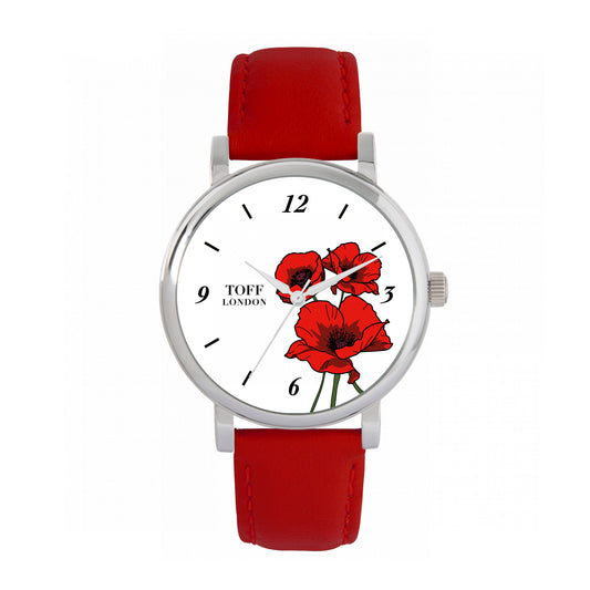 Toff London 38mm Remembrance Bunch Of Poppies Watch - Silver Case & Red Leather Strap