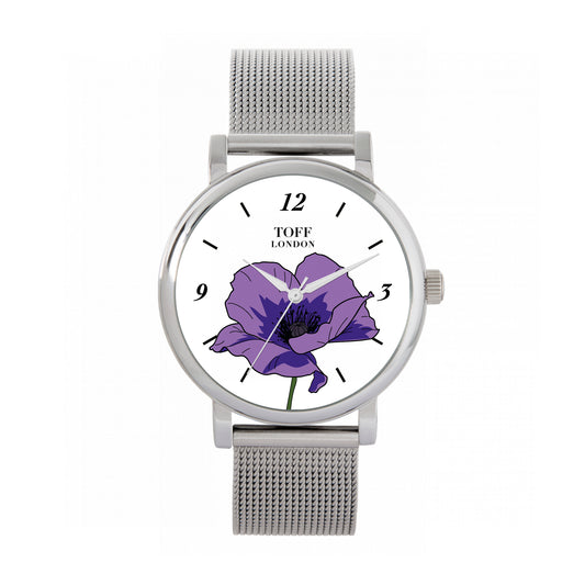 Toff London 38mm Remembrance Purple Poppy Watch - Silver Case & Stainless Steel Strap