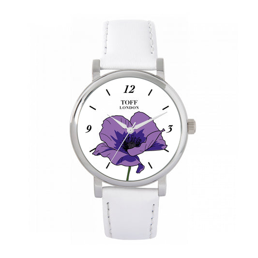Toff London 38mm Remembrance Purple Poppy Watch - Silver Case & White Leather Strap