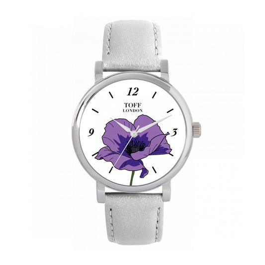 Toff London 38mm Remembrance Purple Poppy Watch - Silver Case & Grey Leather Strap