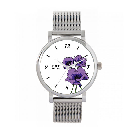 Toff London 38mm Remembrance Purple Poppies Watch - Silver Case & Stainless Steel Strap