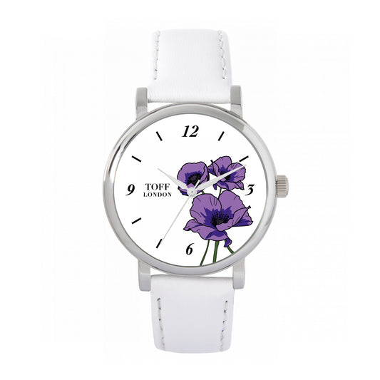 Toff London 38mm Remembrance Purple Poppies Watch - Silver Case & White Leather Strap