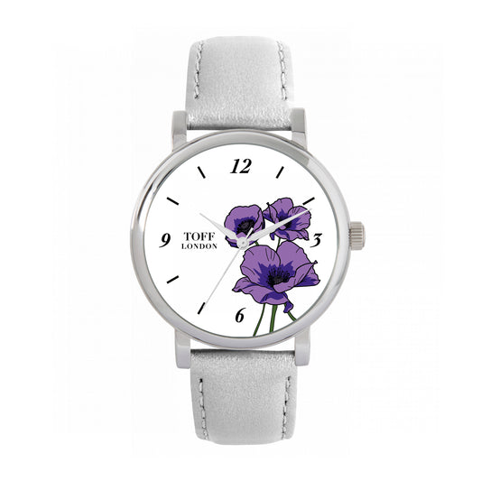 Toff London 38mm Remembrance Purple Poppies Watch - Silver Case & Grey Leather Strap