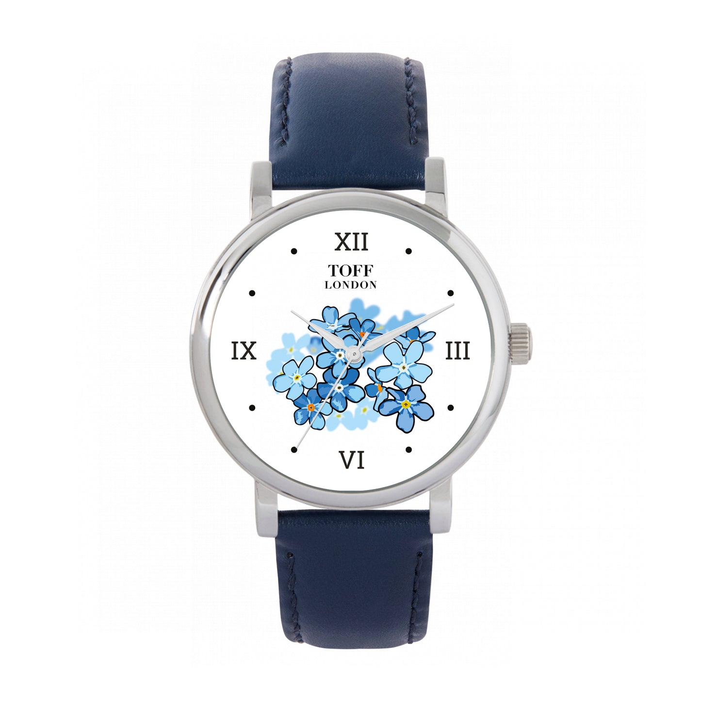 Toff London 38mm Remembrance Posy Of Forget Me Knots Watch - Silver Case & Blue Leather Strap