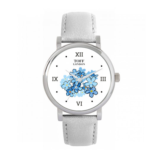 Toff London 38mm Remembrance Posy Of Forget Me Knots Watch - Silver Case & Grey Leather Strap