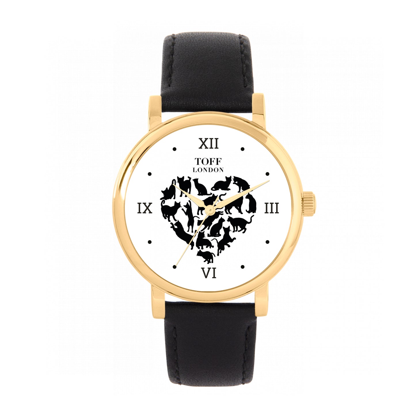 Toff London 38mm Love Cats Watch - Gold Case & Black Leather Strap