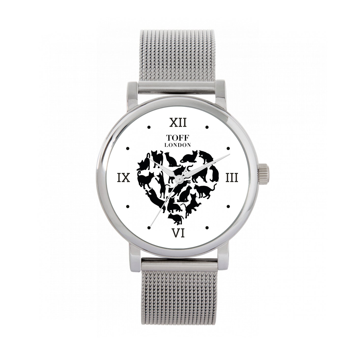 Toff London 38mm Love Cats Watch - Silver Case & Stainless Steel Strap
