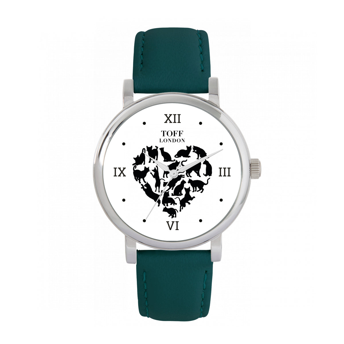 Toff London 38mm Love Cats Watch - Silver Case & Green Leather Strap