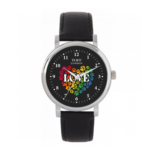 Toff London 38mm Love Dogs Watch - Silver Case & Black Leather Strap
