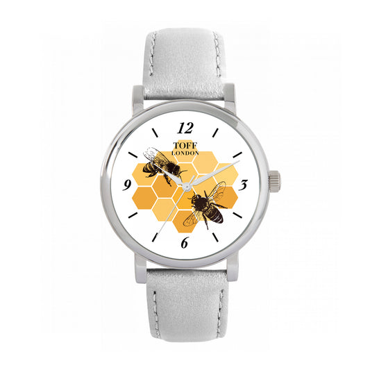 Toff London 38mm Bees Watch - Silver Case & Grey Leather Strap