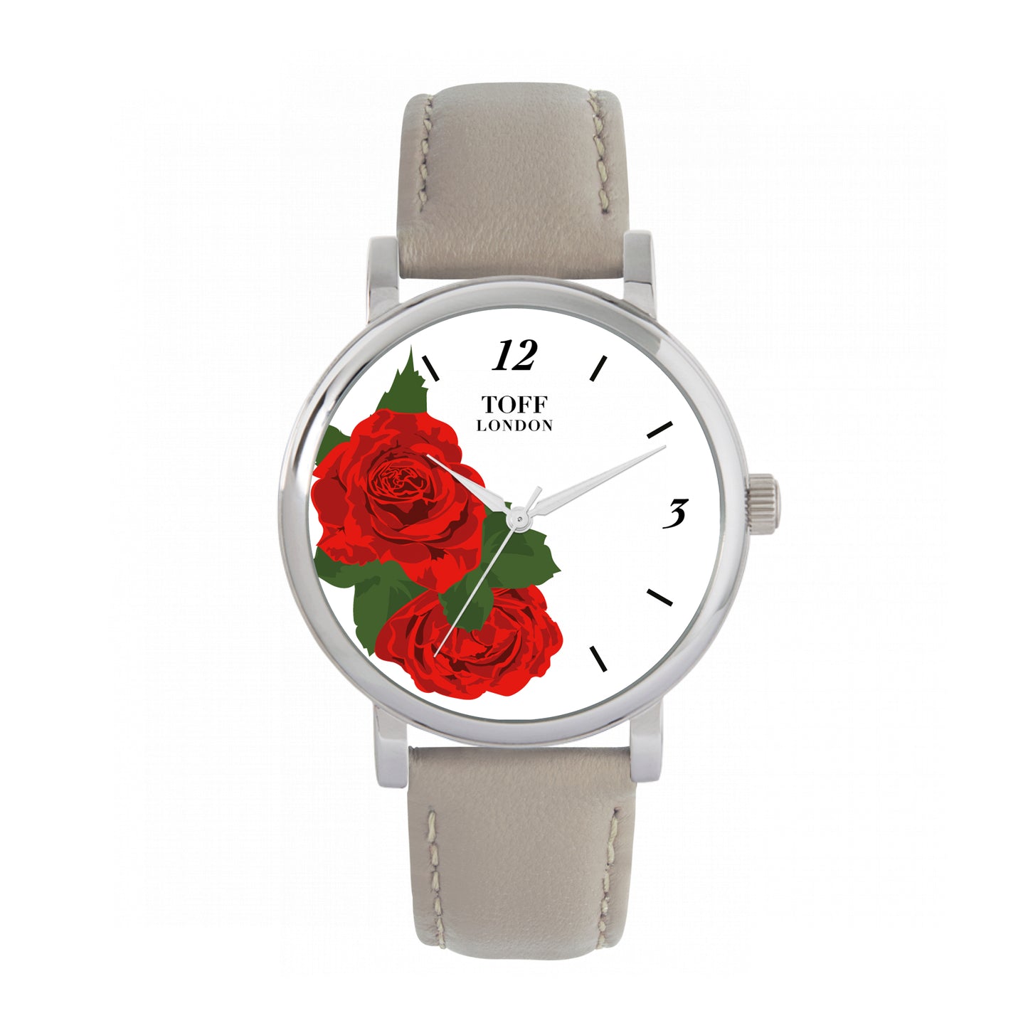 Toff London 38mm Red Roses Watch - Silver Case & Beige Leather Strap