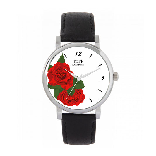 Toff London 38mm Red Roses Watch - Silver Case & Black Leather Strap