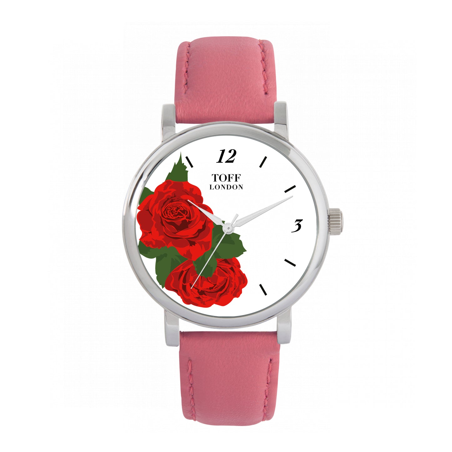 Toff London 38mm Red Roses Watch - Silver Case & Pink Leather Strap