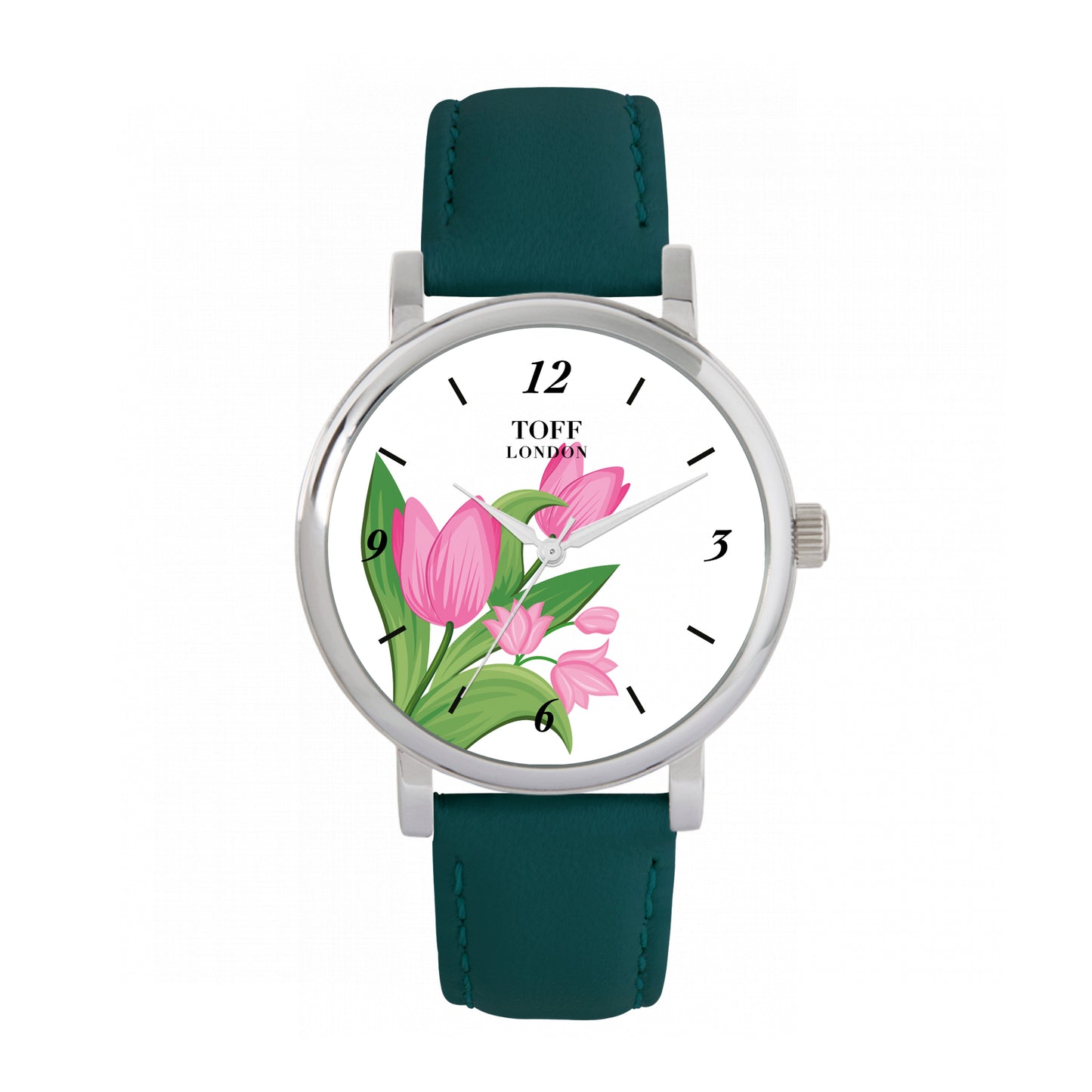 Toff London 38mm Pink Tulips Watch - Silver Case & Green Leather Strap