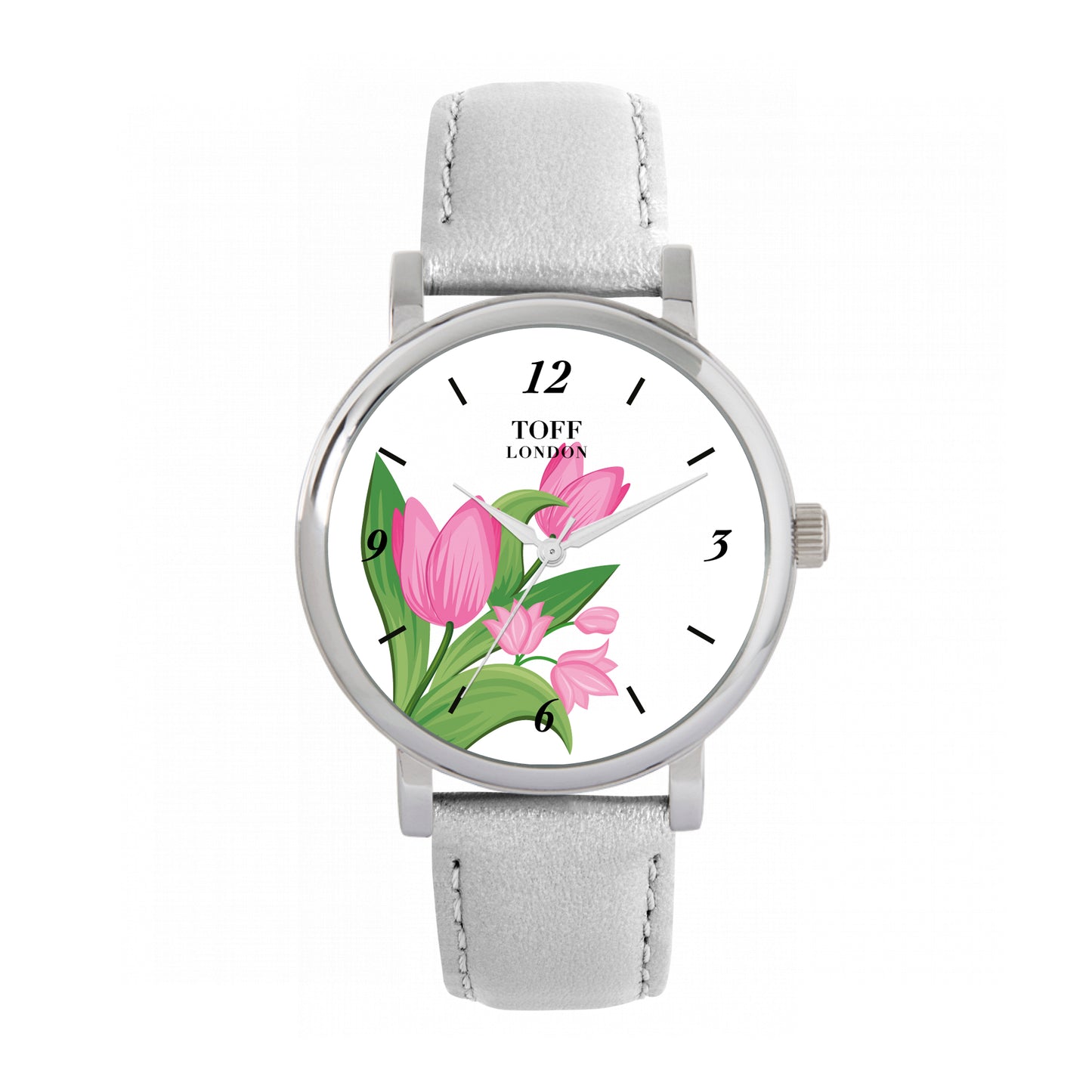 Toff London 38mm Pink Tulips Watch - Silver Case & Grey Leather Strap