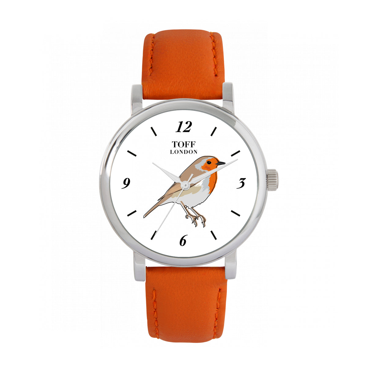 Toff London 38mm Single Robin Watch - Silver Case & Orange Leather Strap