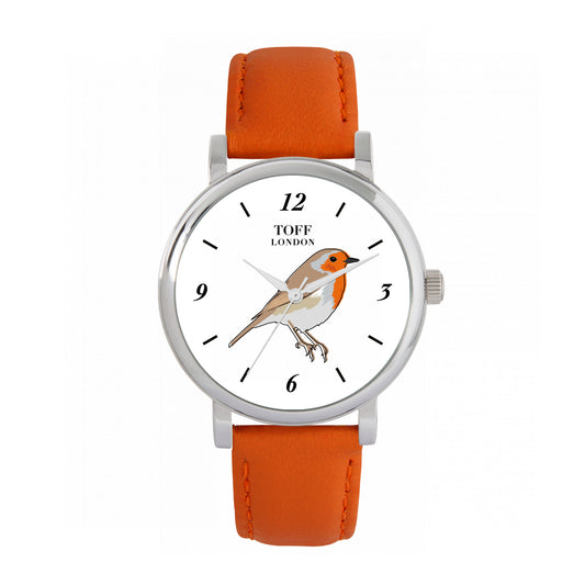 Toff London 38mm Single Robin Watch - Silver Case & Orange Leather Strap
