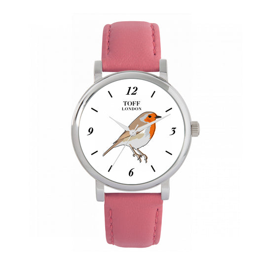 Toff London 38mm Single Robin Watch - Silver Case & Pink Leather Strap