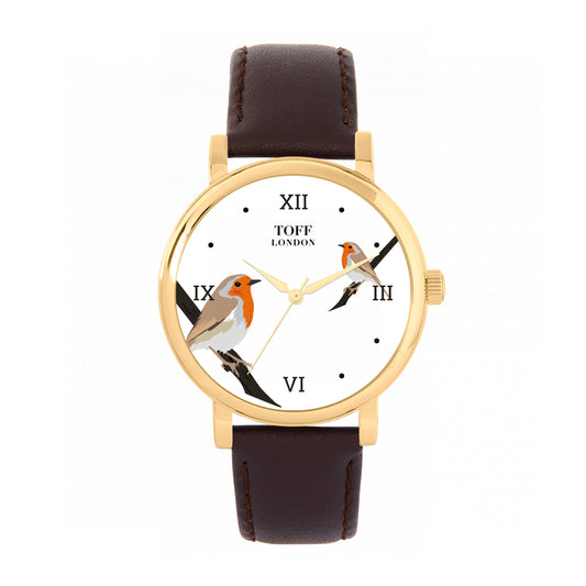 Toff London 38mm Double Robin Watch - Gold Case & Black Leather Strap