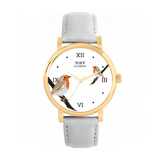 Toff London 38mm Double Robin Watch - Gold Case & Grey Leather Strap