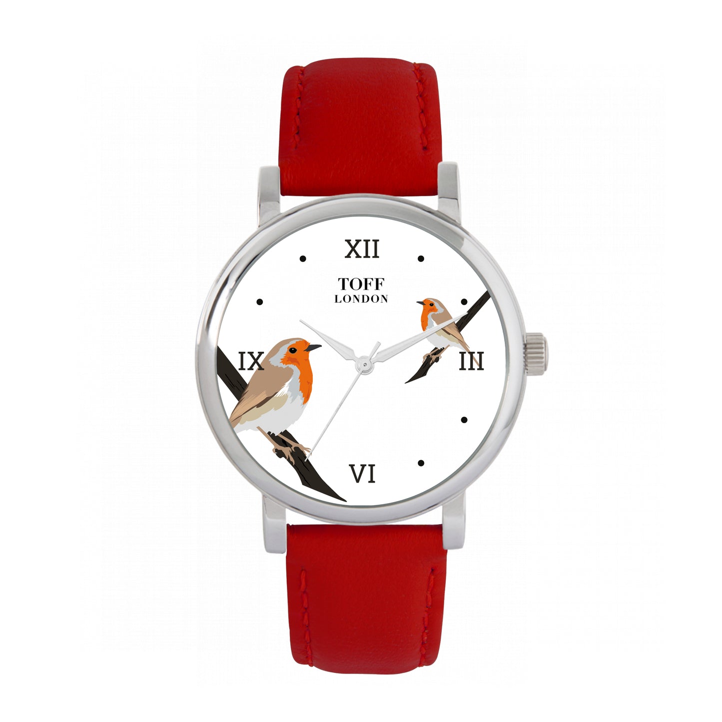 Toff London 38mm Double Robin Watch - Silver Case & Red Leather Strap