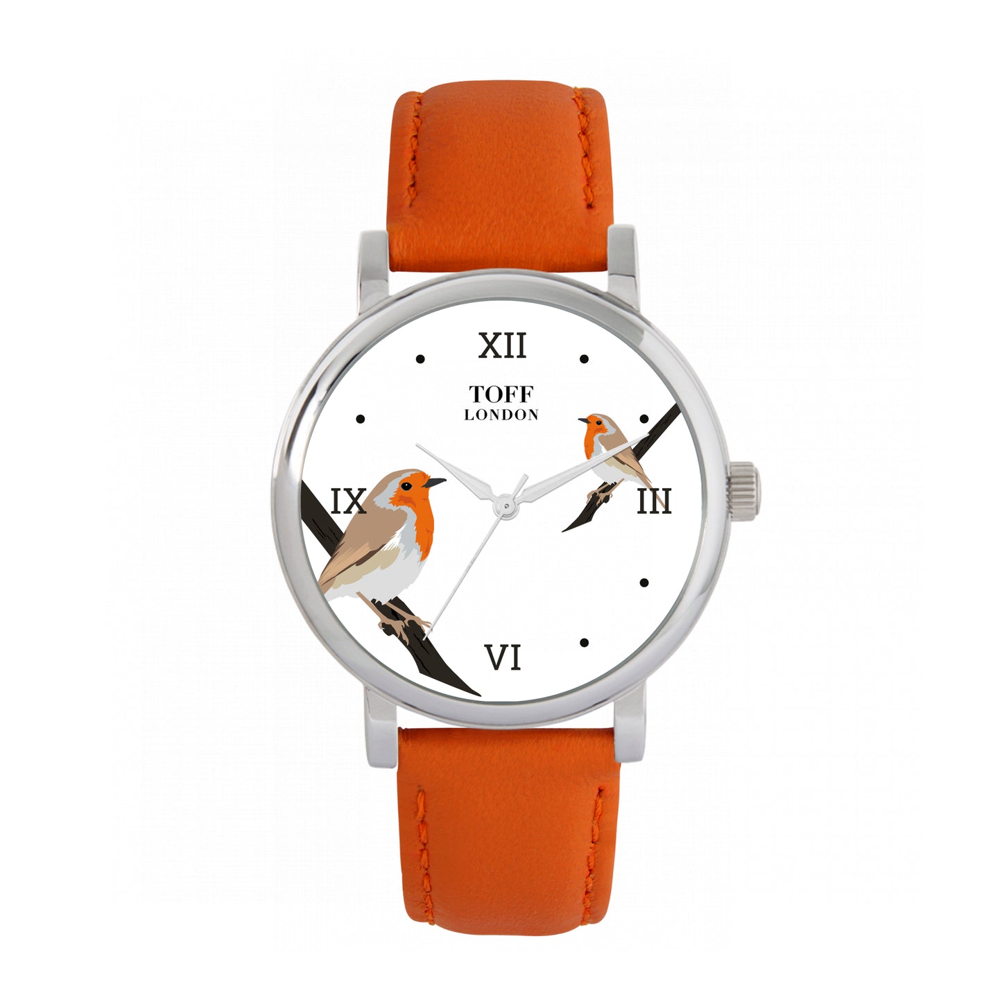 Toff London 38mm Double Robin Watch - Silver Case & Orange Leather Strap
