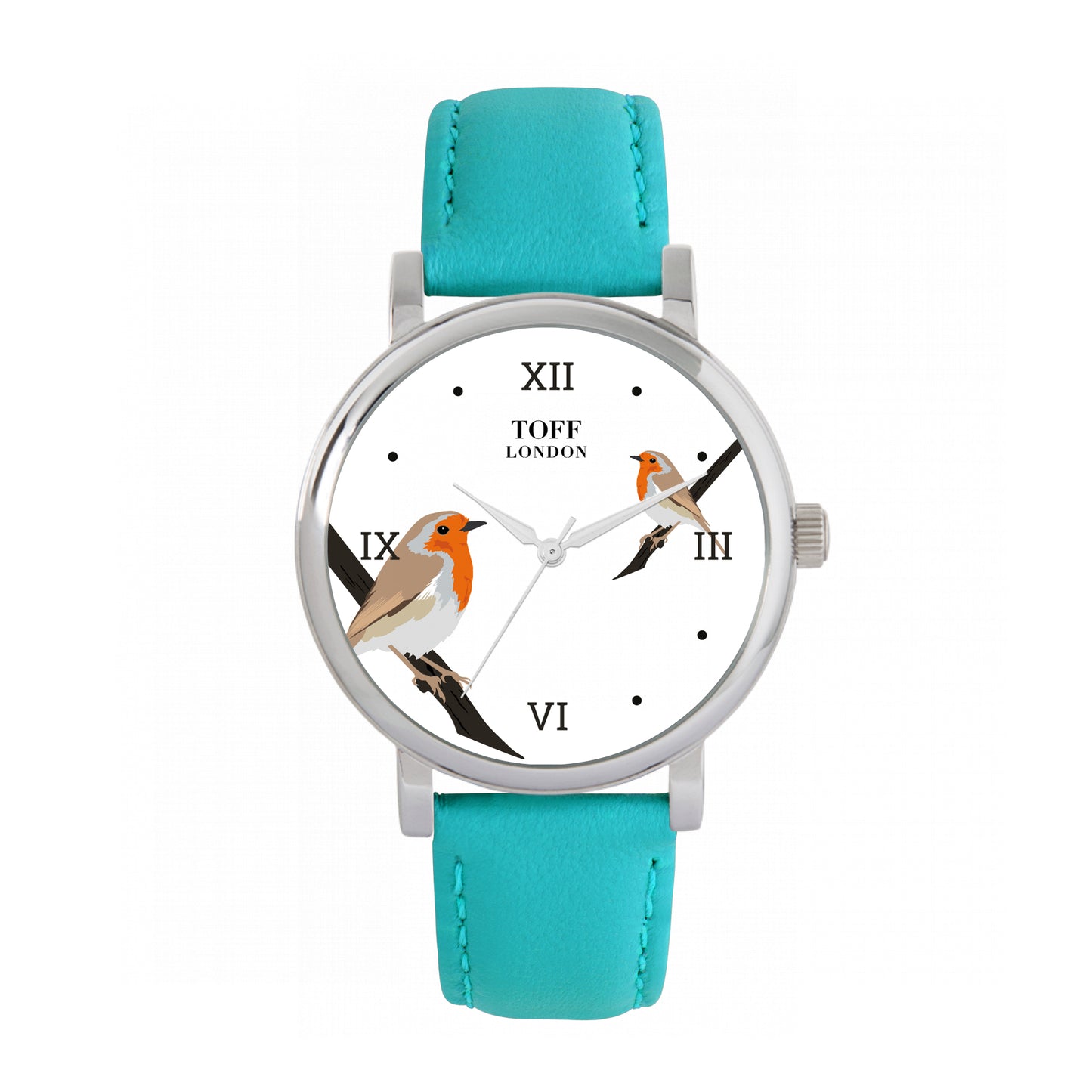 Toff London 38mm Double Robin Watch - Silver Case & Turquoise Leather Strap