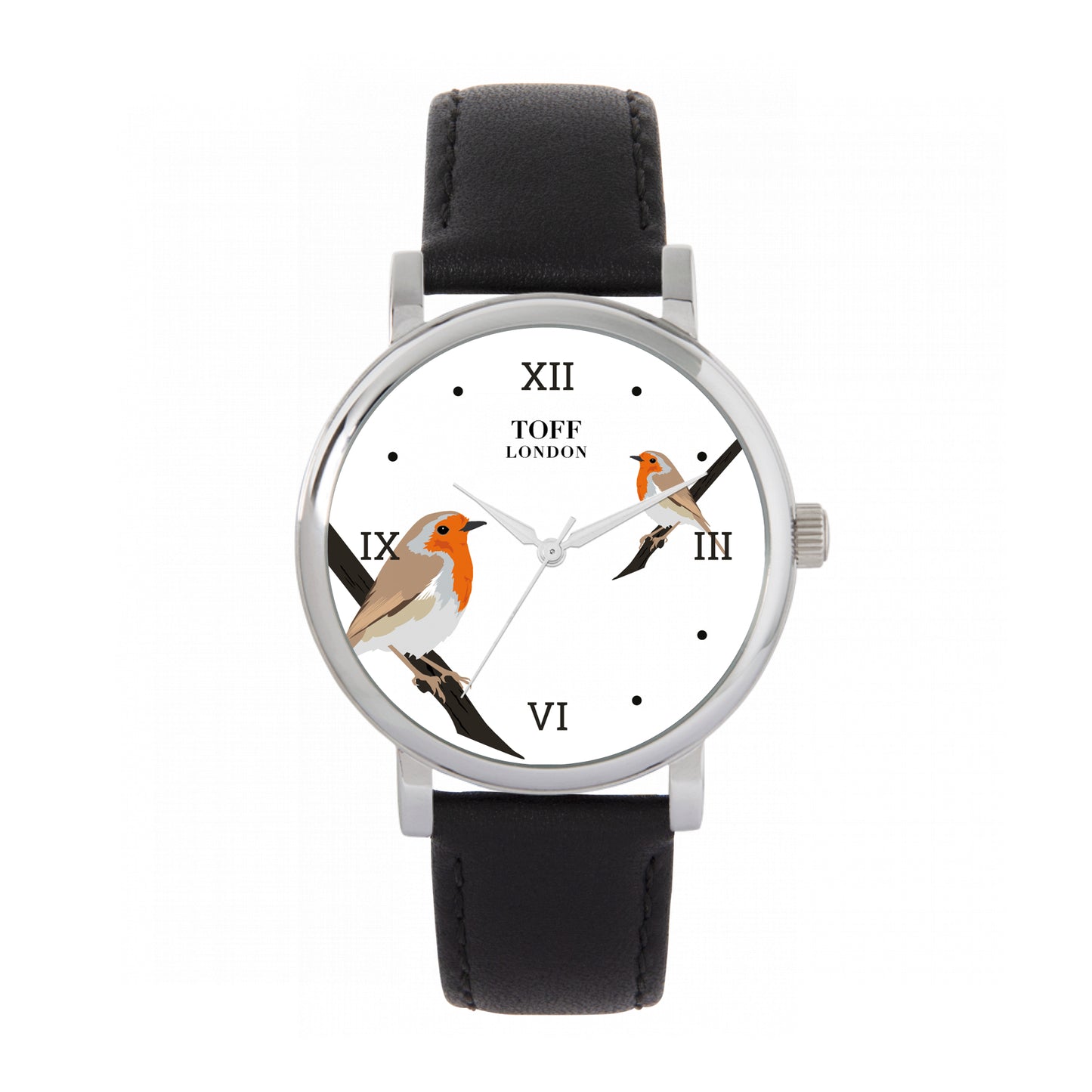 Toff London 38mm Double Robin Watch - Silver Case & Black Leather Strap