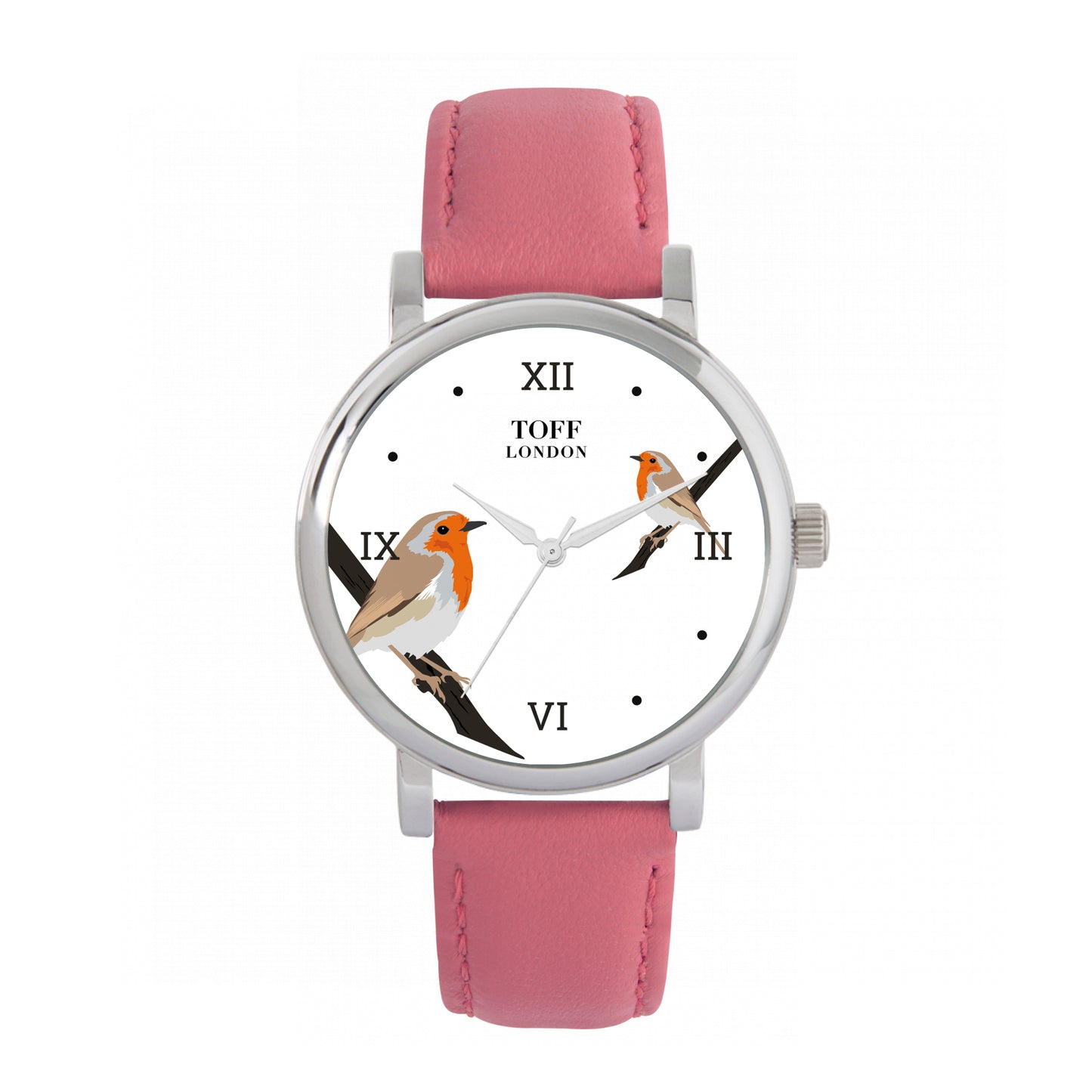 Toff London 38mm Double Robin Watch - Silver Case & Pink Leather Strap