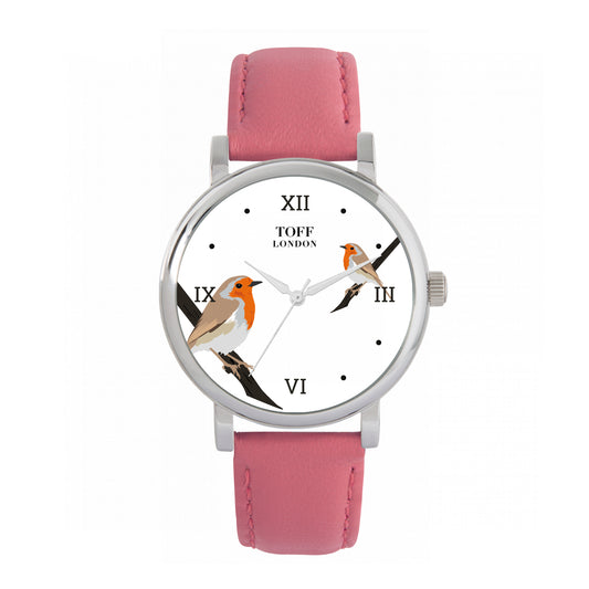 Toff London 38mm Double Robin Watch - Silver Case & Pink Leather Strap