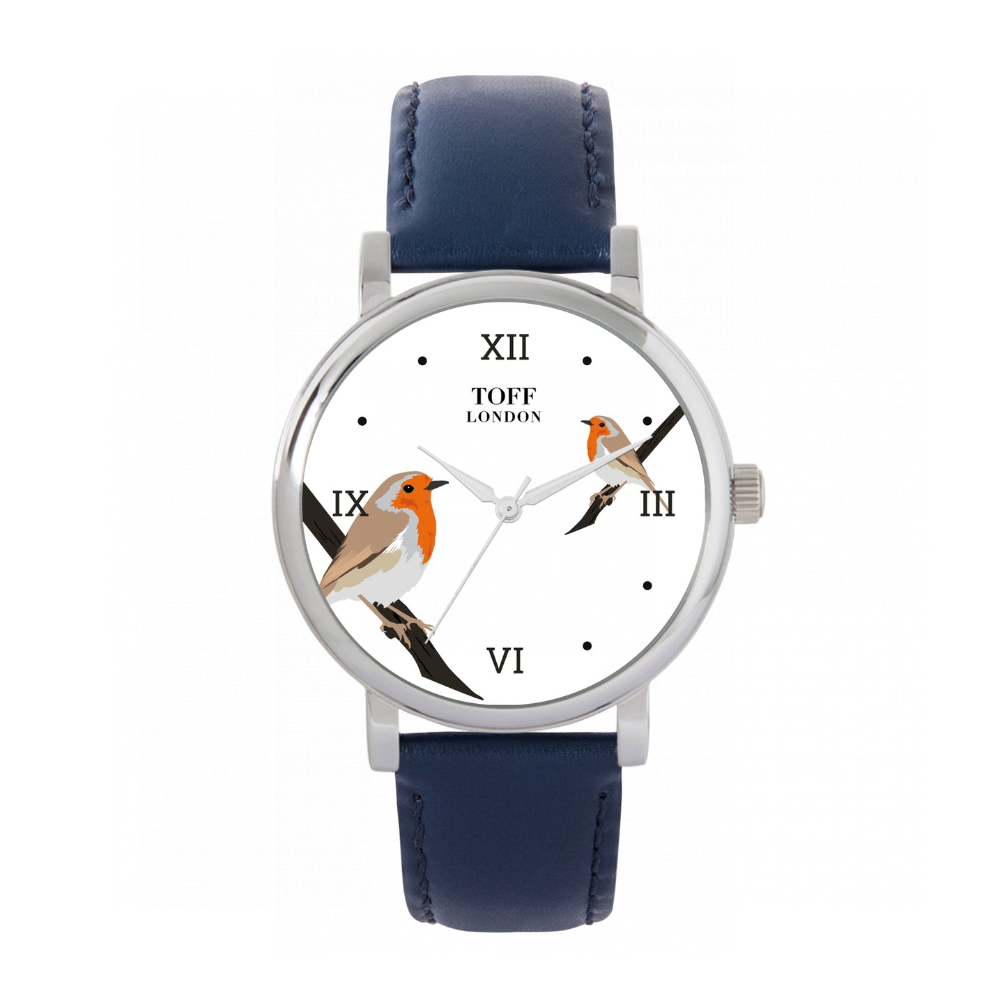 Toff London 38mm Double Robin Watch - Silver Case & Blue Leather Strap