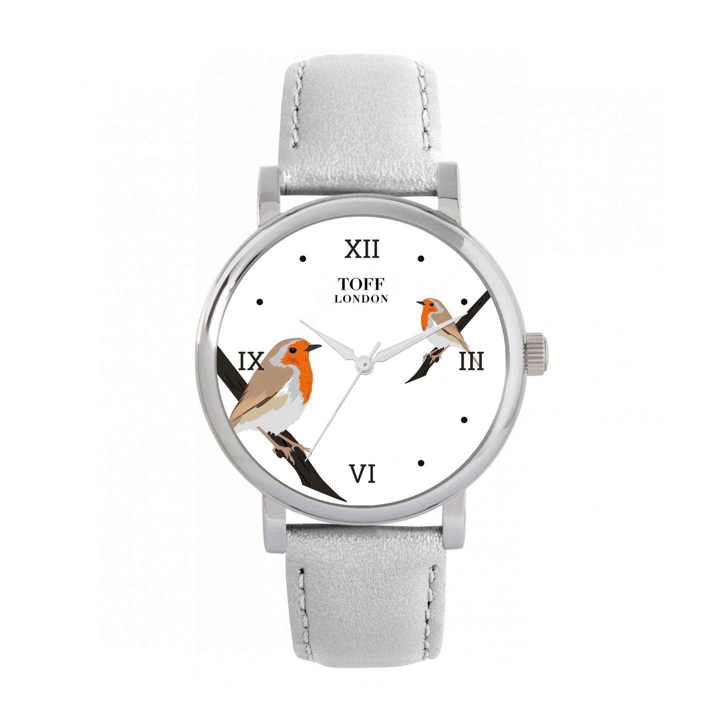 Toff London 38mm Double Robin Watch - Silver Case & Grey Leather Strap