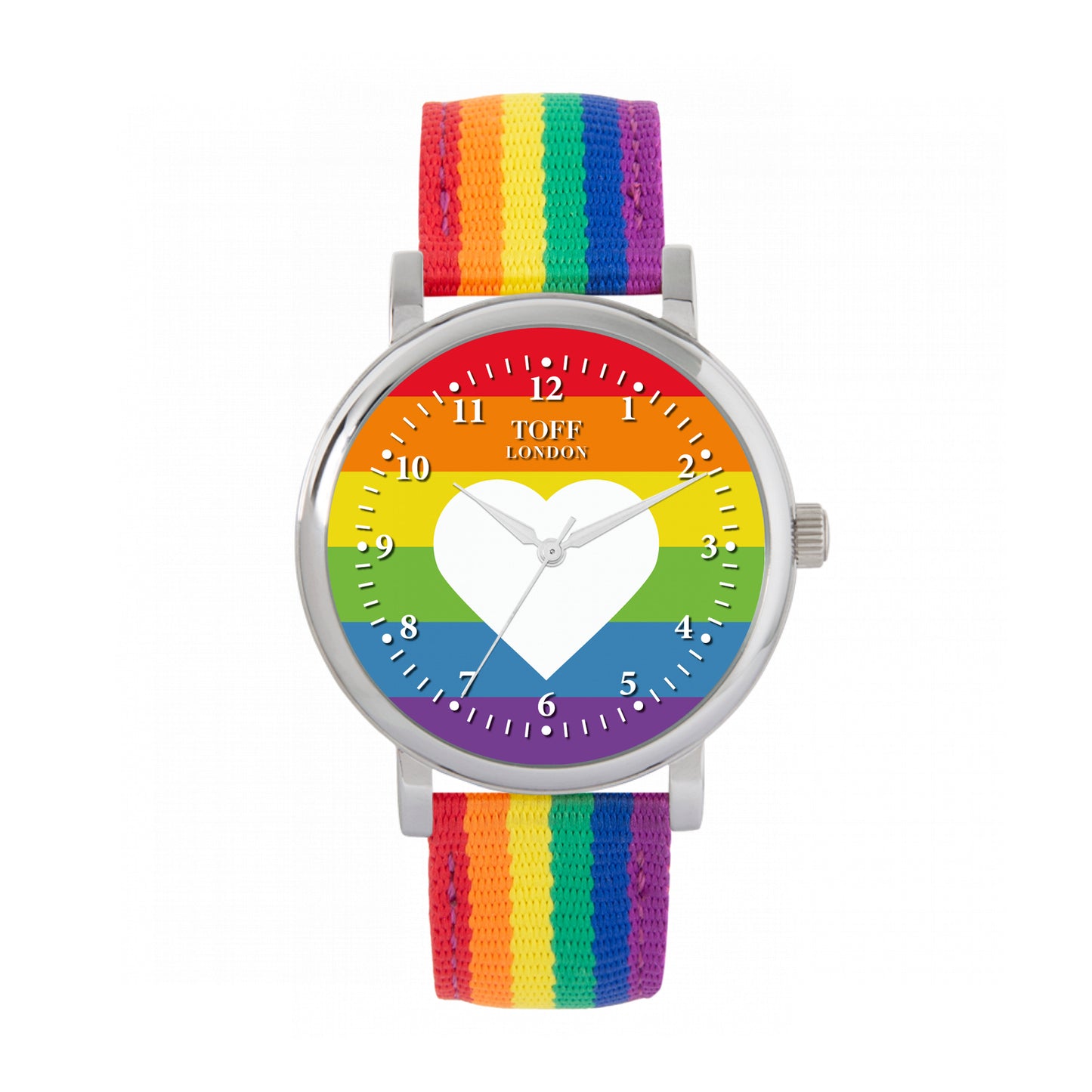 Toff London 38mm Pride Heart Watch Watch - Silver Case & Rainbow Strap