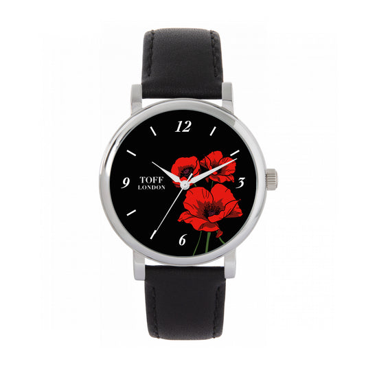 Toff London 38mm Remembrance Bunch Of Poppies Watch - Silver Case & Black Leather Strap