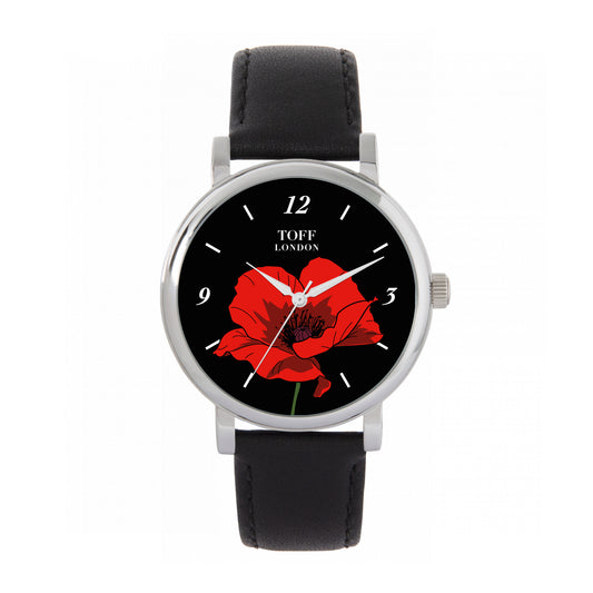 Toff London 38mm Remembrance Single Poppy Watch - Silver Case & Black Leather Strap