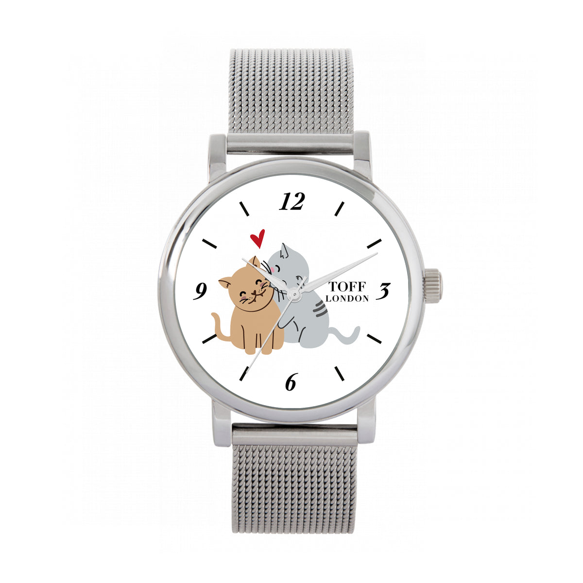 Toff London 38mm Valentine Cats Watch - Silver Case & Stainless Steel Strap