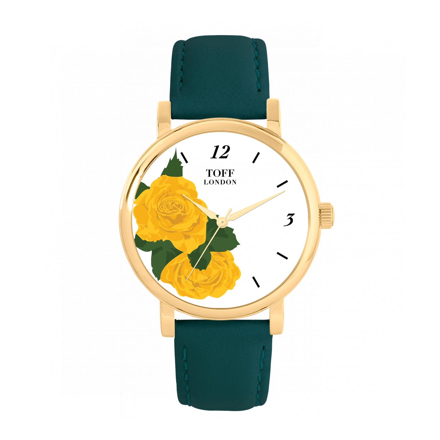 Toff London 38mm Yellow Roses Watch - Gold Case & Green Leather Strap