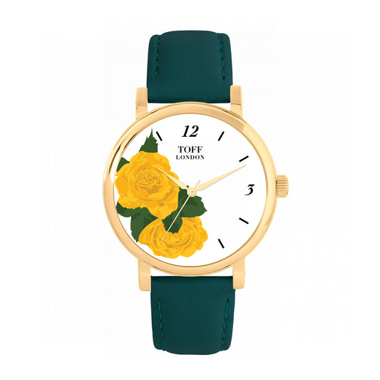 Toff London 38mm Yellow Roses Watch - Gold Case & Green Leather Strap
