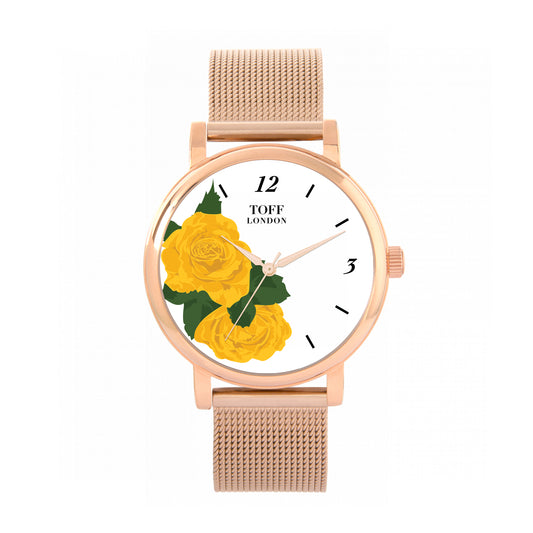 Toff London 38mm Yellow Roses Rose Watch - Gold Case & Stainless Steel Strap