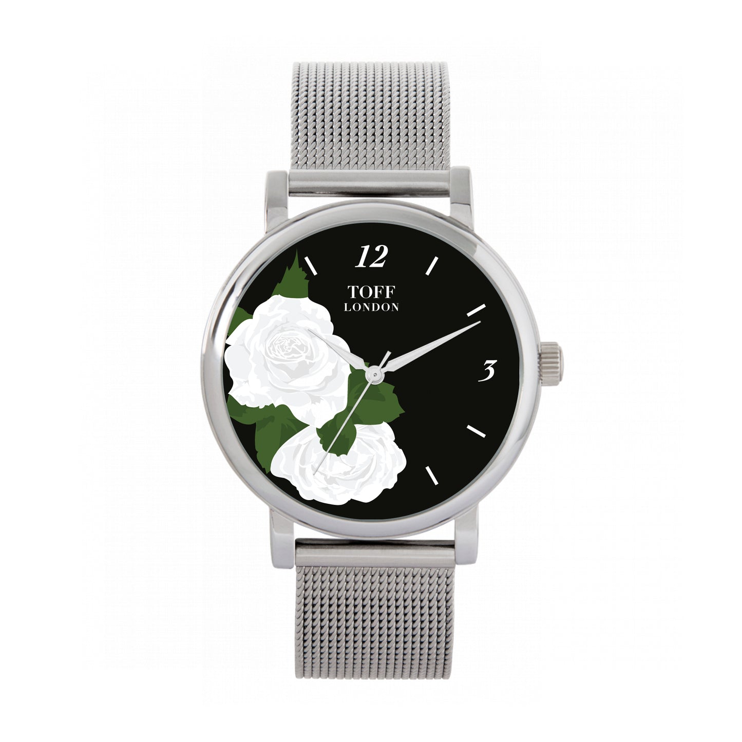 Toff London 38mm White Roses Watch - Silver Case & Stainless Steel Strap