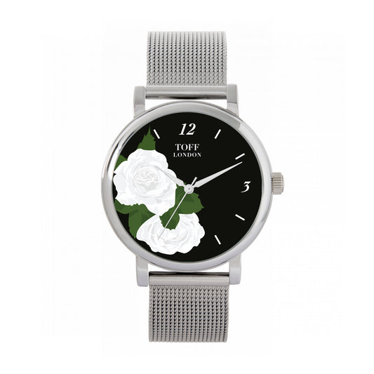 Toff London 38mm White Roses Watch - Silver Case & Stainless Steel Strap