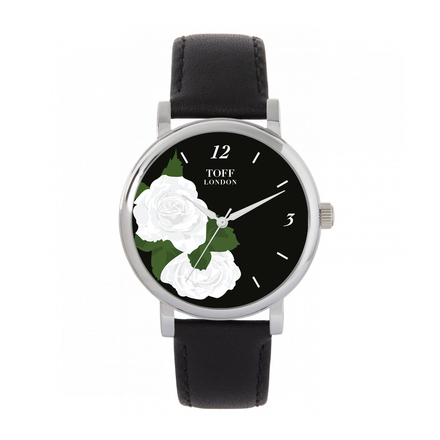 Toff London 38mm White Roses Watch - Silver Case & Black Leather Strap