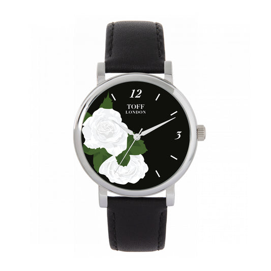 Toff London 38mm White Roses Watch - Silver Case & Black Leather Strap